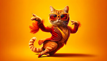 a cool cat dancing in sunglasses and colorful shirt on a orange background	

