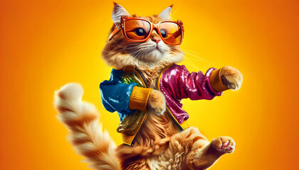 a cool cat dancing in sunglasses and colorful shirt on a orange background	
 - obrazy, fototapety, plakaty