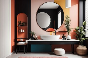 Memphis interior home design of modern bathroom with vessel sink and multi-colored walls with mirrors