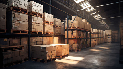 Warehouse interior view. A rack of boxes.