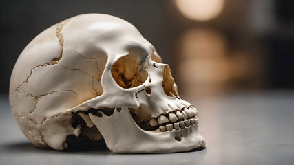 realistic human skull with its jaw open on a white background