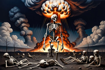 There are human skeletons in the background of a nuclear explosion. The concept of apocalypse, the end of the world.