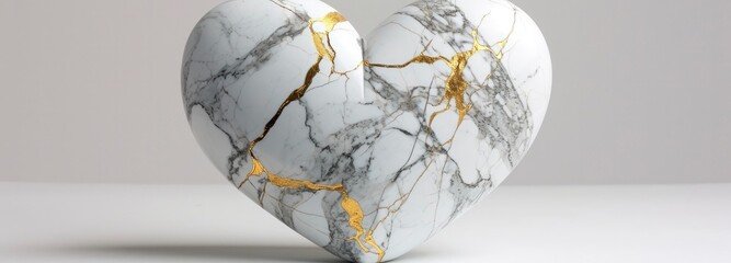 Mended Love Heart Shaped Marble with Elegant Gilded Fractures, Representing Kintsugi Artistry.