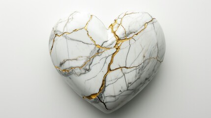 Fototapeta na wymiar Mended Love Heart Shaped Marble with Elegant Gilded Fractures, Representing Kintsugi Artistry.