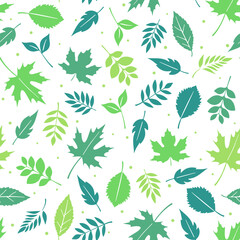 Cute spring leaves seamless pattern. Vector spring repeat texture with hand drawn green leaf on white background. Trendy beautiful season print for decor, wrapping, wallpaper, fabric, greeting card