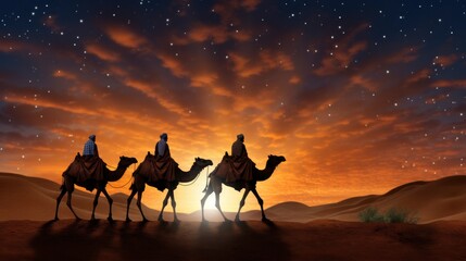 Journey of Wisdom. Three Wise Men on Camels Beneath the Guiding Star. Symbolizing the Concepts of Ramadan, Eid Mubarak, Hajj, and the Rich Heritage of Islamic Traditions.