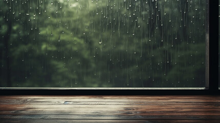 Empty wooden table for mockup with a background of forest on a rainy day.