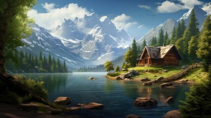 Wood cabin on the lake - log cabin surrounded by trees, mountains, and water in natural landscapes - obrazy, fototapety, plakaty