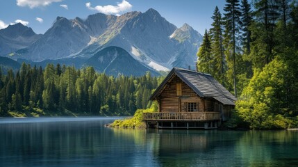 Fototapeta na wymiar Wood cabin on the lake - log cabin surrounded by trees, mountains, and water in natural landscapes