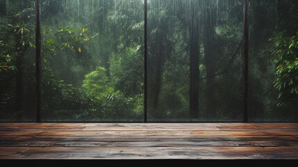 Empty wooden table for mockup with a background of forest on a rainy day.