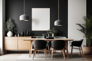 Scandinavian interior home design of modern dining room with wooden cabinet and shelves with empty mock poster frames on black wall
