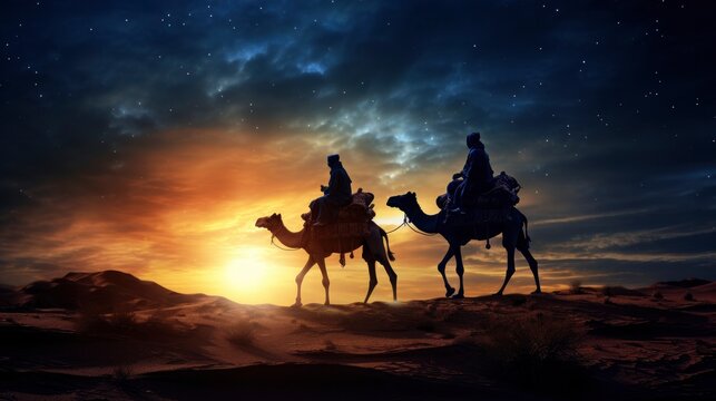 Journey of Wisdom. Two Wise Men on Camels Beneath the Guiding Star. Symbolizing the Concepts of Ramadan, Eid Mubarak, Hajj, and the Rich Heritage of Islamic Traditions.