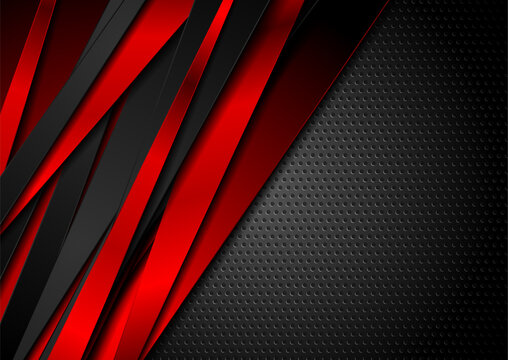 Black and glossy red stripes on dark perforated background. Vector hi-tech geometric design