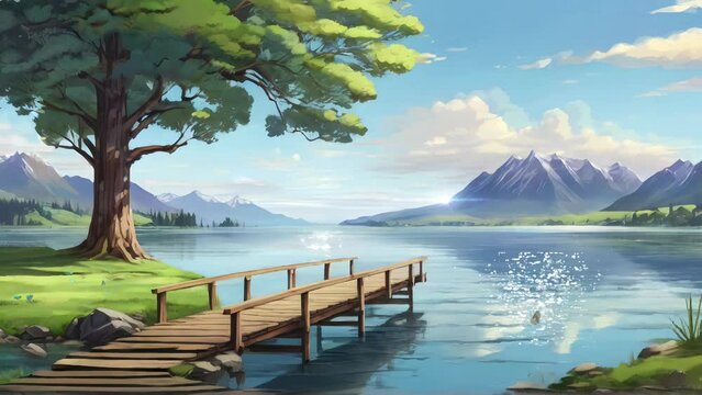 Animated illustration of a wooden bridge over a calm lake, with a beautiful view of a waterfall. Illustration of a peaceful natural scene. Background animation.
