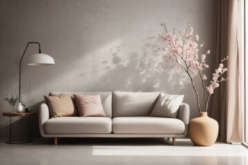 Interior home design of modern living room with blooming flowers in clay vase with copy space