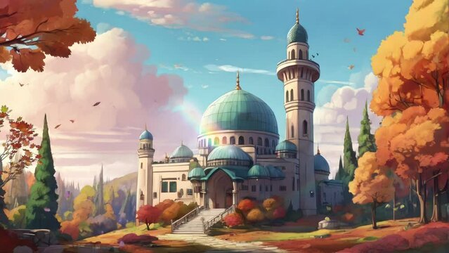 Animated illustration of a mosque with a beautiful forest and mountain scenery as a background. The mosque illustration is suitable for Islamic celebration needs. Background animation.