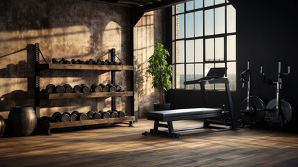 New gym interior with sports equipment on shelves.