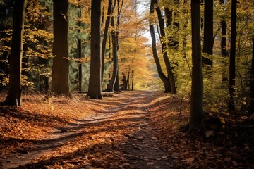 Sunlit path through autumn forest