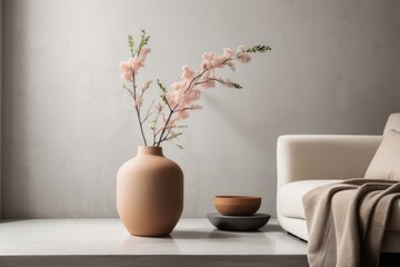Interior home design of modern living room with blooming flowers in clay vase with copy space