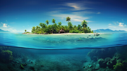 Fototapeta na wymiar Serene Tropical Island As Seen Above and Below Crystal Clear Water