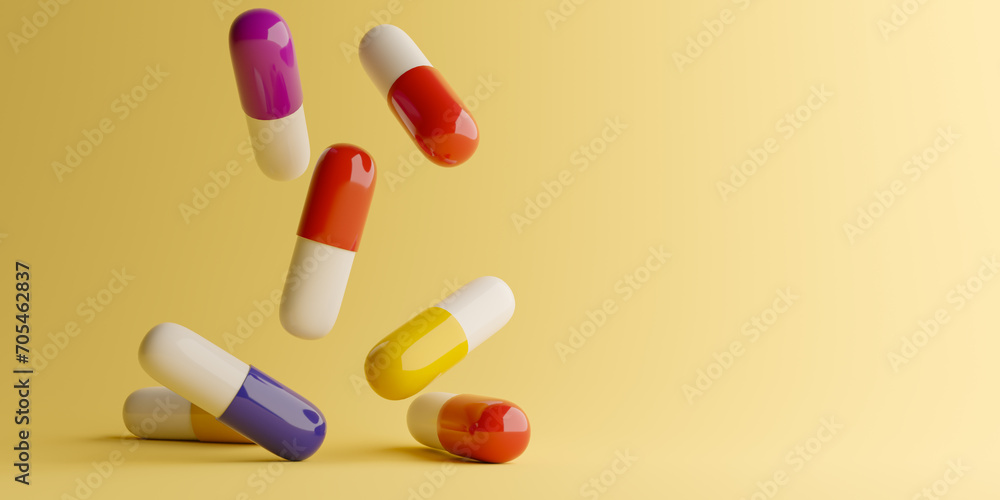 Aufkleber yellow background with falling multicolored pills,3d rendering