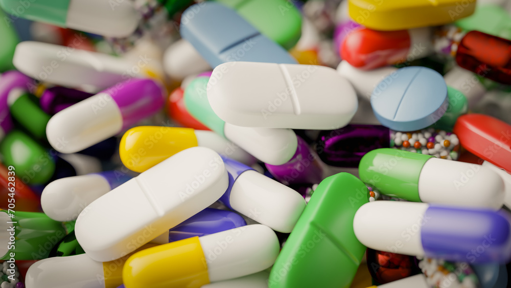Poster various types of pills are piled up,3d rendering