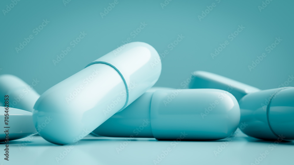 Aufkleber minimalistic colored background with close-up of pills, 3d rendering