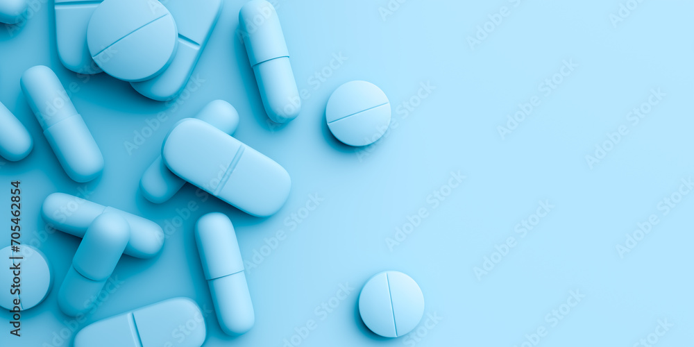 Aufkleber copy space background with various types of pills, 3d rendering
