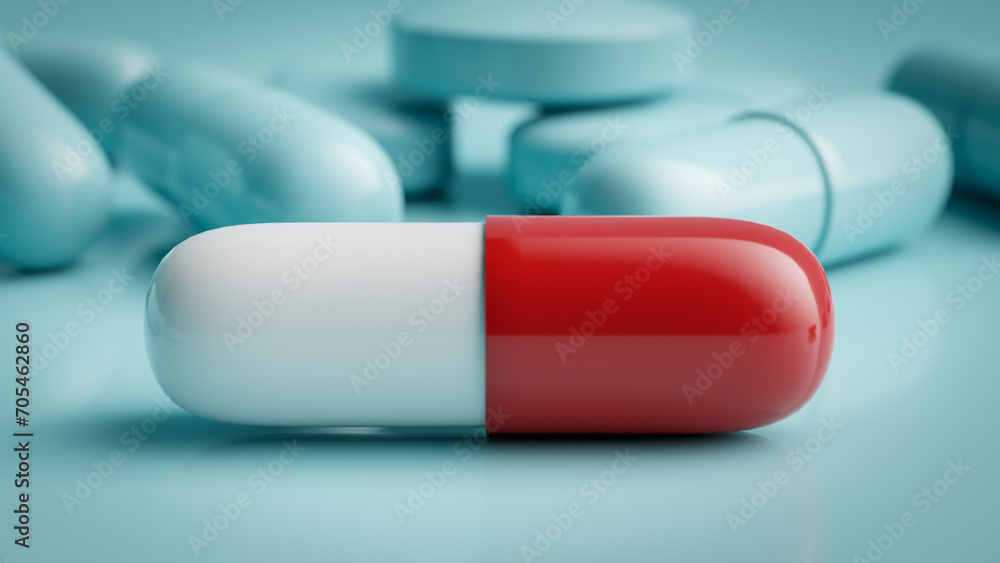 Poster one red pill in front of other pills in monotone, 3d rendering