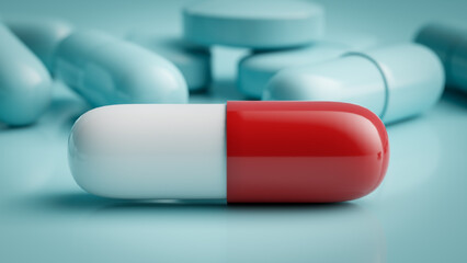 One red pill in front of other pills in monotone, 3d rendering