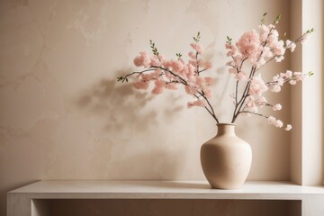 Interior home design of modern living room with twigs of blooming flowers in clay vase with copy space wall