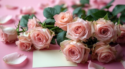 Fototapeta premium Bouquet of beautiful fresh roses with a card on pink background. Generative AI.