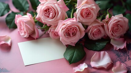 Bouquet of beautiful fresh roses with a card on pink background. Generative AI.