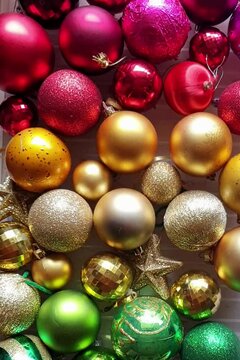 Christmas decorations, colorful ornaments vintage baubles