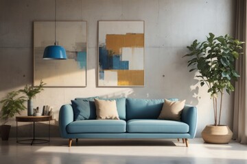 Interior home design of modern living room with blue and cream sofa with abstract art posters on the wall