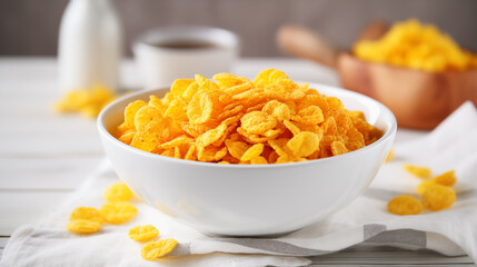 Delicious cornflakes for Breakfast in a white bowl on a light background	
