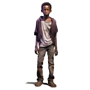 Poor and starving African boy girl is thin on transparent background PNG. Food crisis concept in Africa.