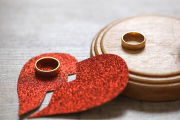 Divorce concept. Broken red paper heart and wedding rings on wooden background.