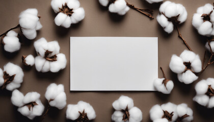 Blank card surrounded by cotton flowers against a brown background.