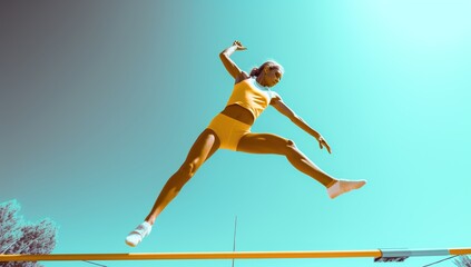 Female athlete jumping over a hurdle during a track and field event