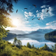 Obraz na płótnie Canvas Birds Flying Over Mountain Lake