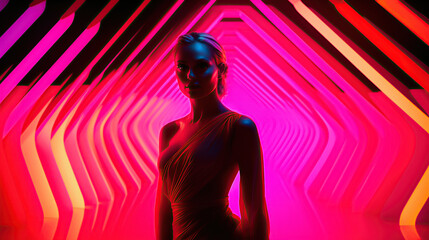 woman stands immersed in a vibrant neon light installation