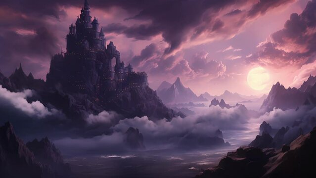 An ancient castle perched atop a rocky cliff in a sea of surreal purple clouds
