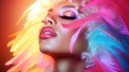 Woman With Vibrant Feather Headdress and Bold Makeup