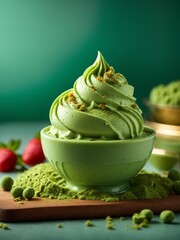 Italian matcha green tea gelato ice cream in waffle cone with studio lighting and background, food photography 
