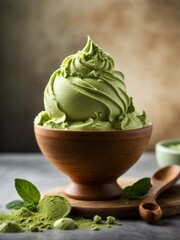 Italian matcha green tea gelato ice cream in waffle cone with studio lighting and background, food photography 