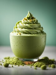 Italian matcha green tea gelato ice cream in waffle cone with studio lighting and background, food photography 