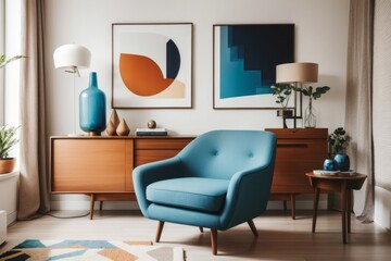Interior home design of modern living room with blue chairs and brown cabinets in a room with abstract art posters on the wall