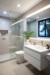 Fototapeta na wymiar Modern bathroom interior with large glass shower and white vanity