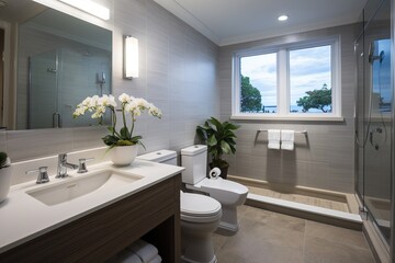 Modern bathroom interior with large windows and tiled walls